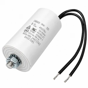 Kondensator silnikowy CBB60 8uF 450V AC z przewodami - śruba M8